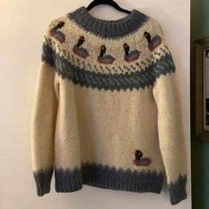 Nancy Thomas Icelandic Hand Knit Made Sweater Crew Neck Fair Isle Ducks Wool